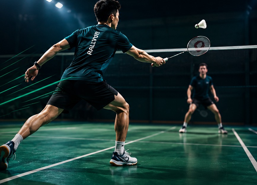 Badminton player lunging to return a shuttle during an indoor rally